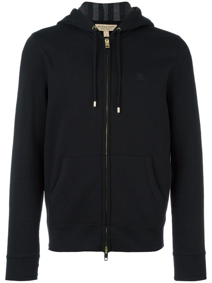 Burberry Logo Embroidered Zipped Hoodie - Black