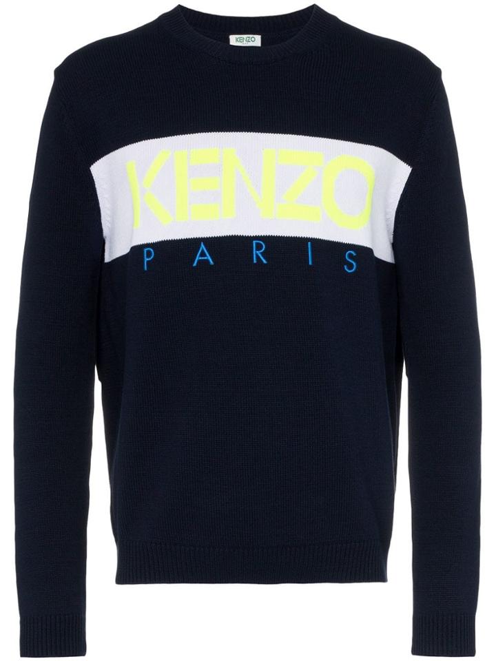 Kenzo Logo Intarsia Knitted Cotton Blend Jumper - Blue