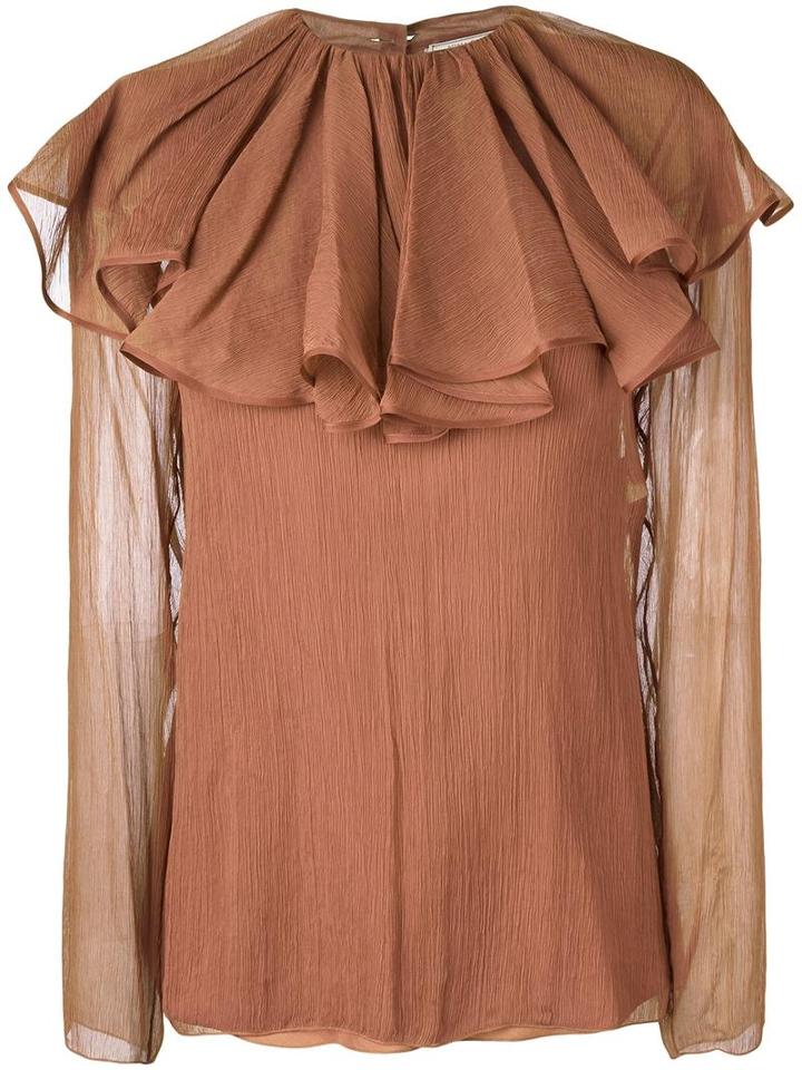 Nina Ricci Ruffled Neckline Chiffon Top, Women's, Size: 40, Brown, Silk