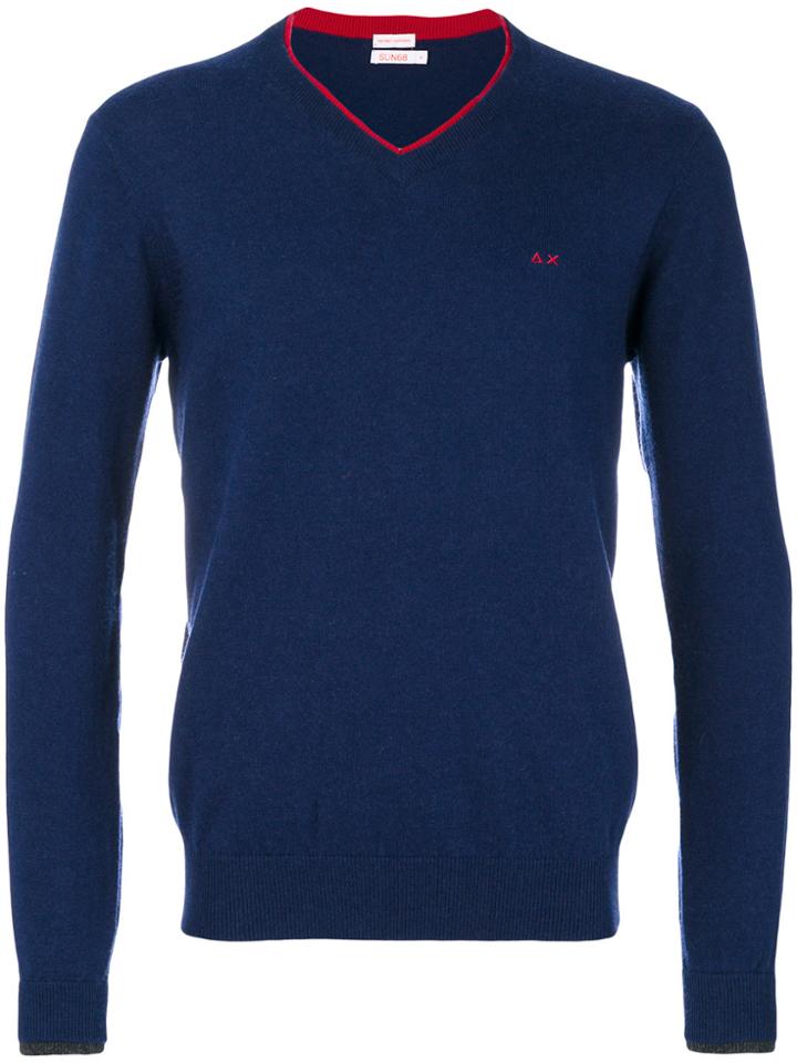 Sun 68 Contrast Detail V-neck Sweater - Blue