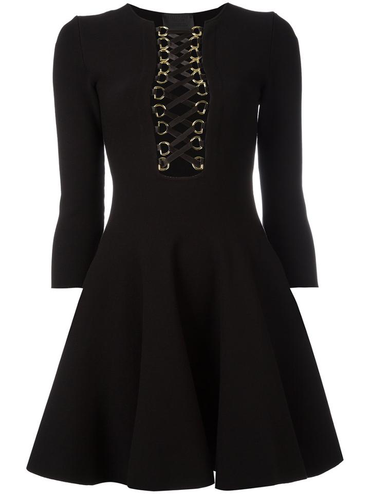 Philipp Plein Lace-up Neck Flared Dress, Women's, Size: Medium, Black, Viscose/polyester