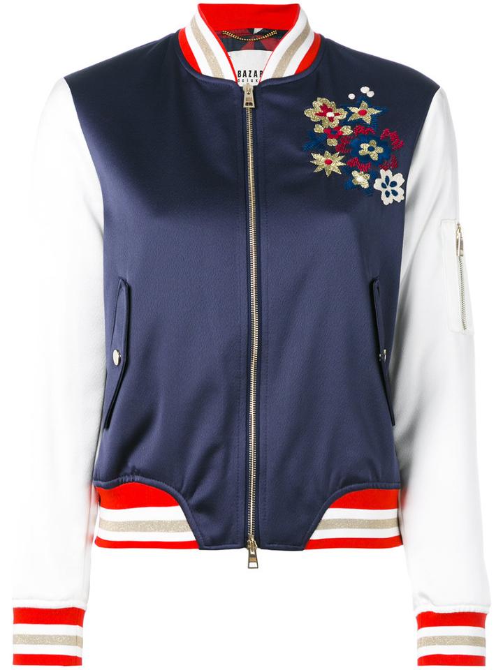 Bazar Deluxe Floral Embroidery Bomber Jacket, Women's, Size: 42, Blue, Silk/cotton/polyester