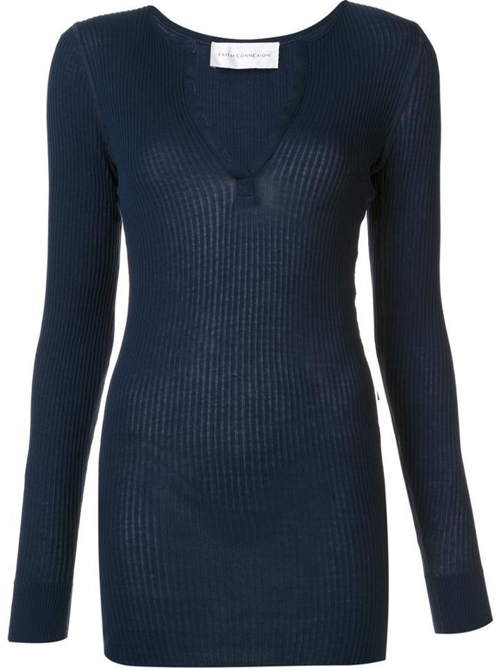 Faith Connexion Ribbed V Neck Jersey, Women's, Size: Large, Blue, Cotton