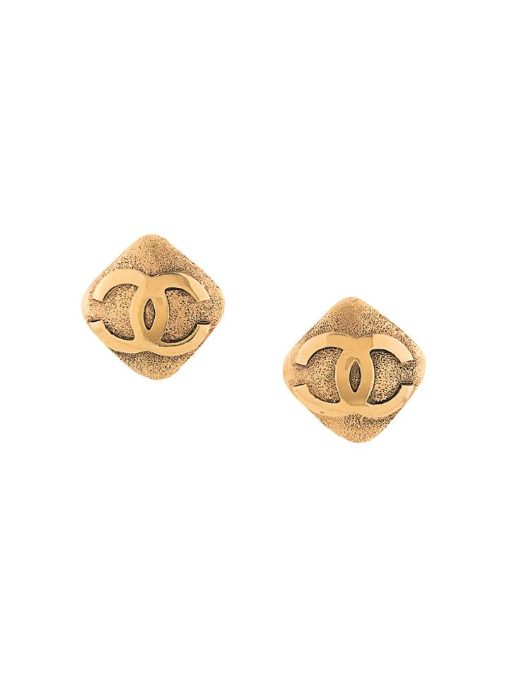 Chanel Vintage Diamond Shape Logo Earrings - Metallic