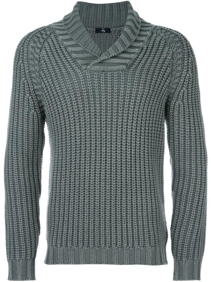 Fay Shawl Lapel Ribbed Jumper, Men's, Size: 48, Green, Virgin Wool