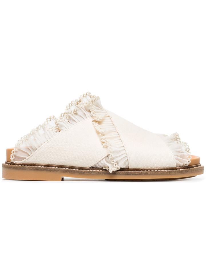 Ganni Beige Beth Cross-over Ruffle Cotton Slides - Nude & Neutrals