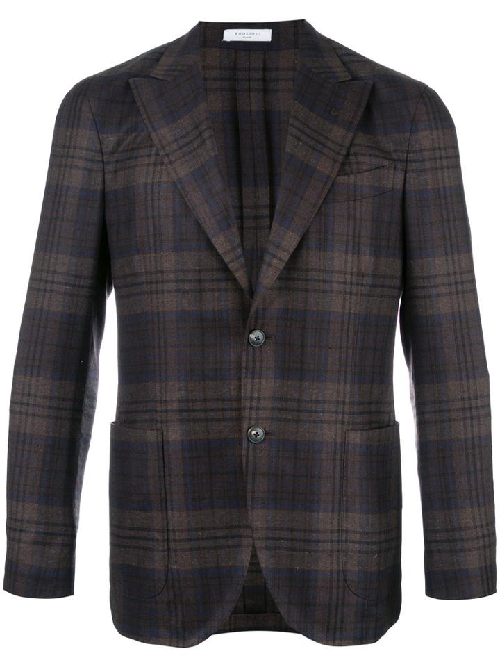 Boglioli Pointed Lapel Plaid Blazer, Men's, Size: 52, Brown, Silk/linen/flax/virgin Wool/cupro