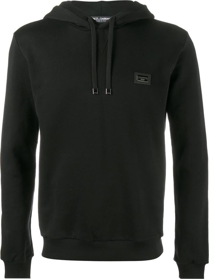 Dolce & Gabbana Logo Patch Hooded Sweatshirt, Men's, Size: 52, Black, Cotton/zamac/calf Leather