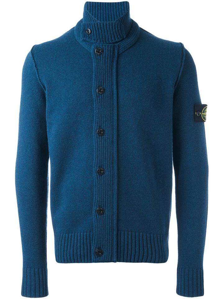 Stone Island Roll Neck Buttoned Cardigan, Men's, Size: Large, Blue, Polyamide/wool