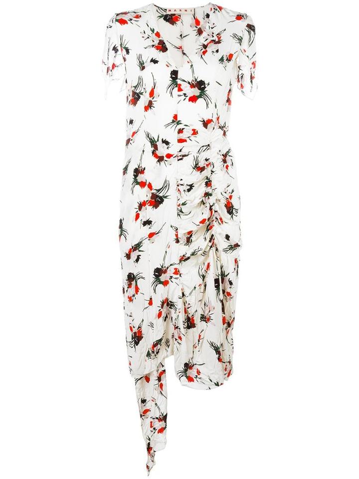 Marni Printed Asymmetric Ruched Dress, Women's, Size: 42, White, Silk