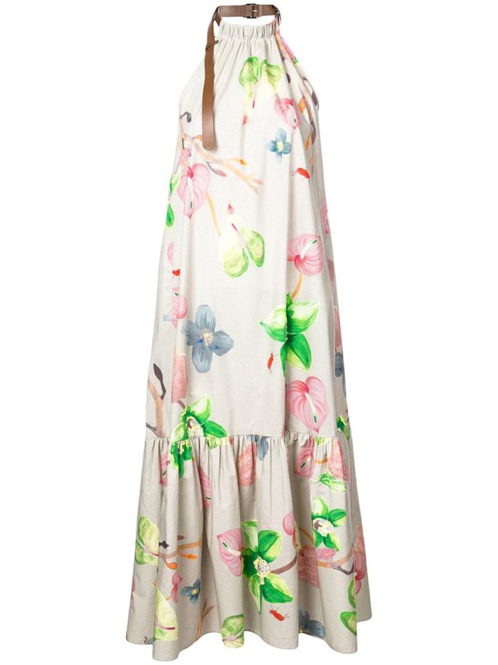 Tibi Floral Print Long Halterneck Dress - Neutrals