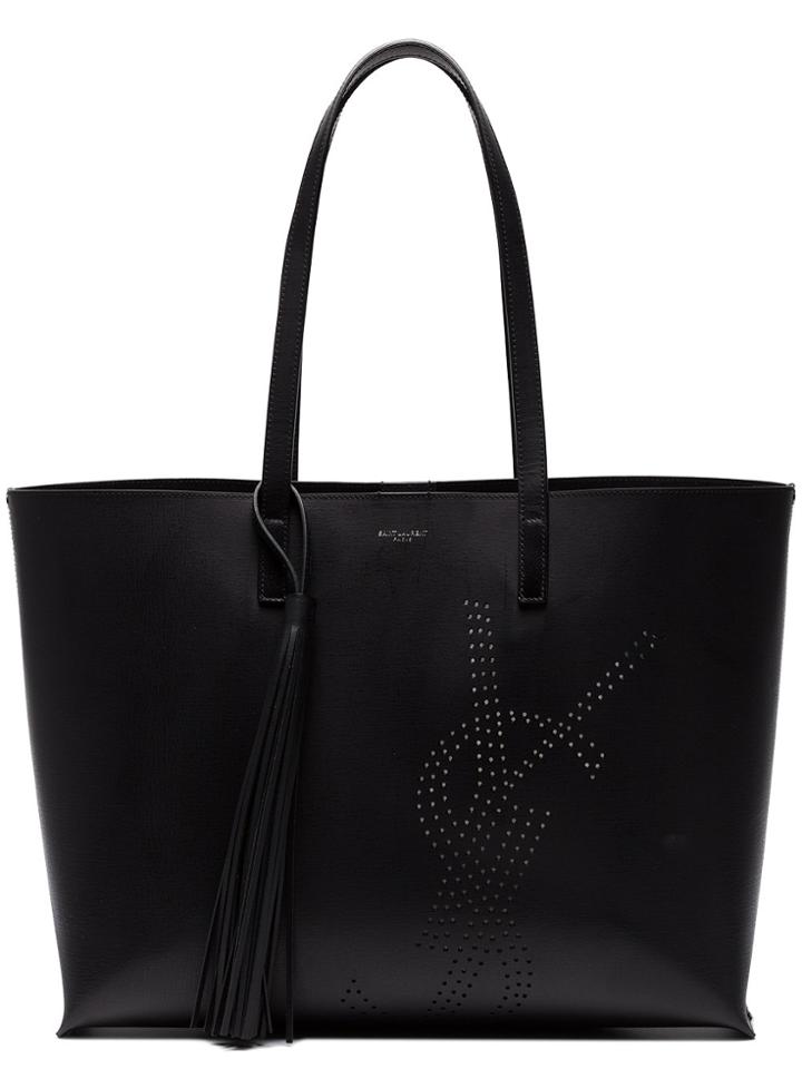 Saint Laurent Logo Embossed Leather Tote Bag - Black