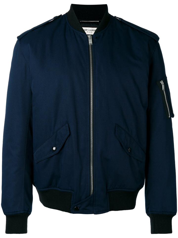 Saint Laurent Buttoned Shoulders Bomber Jacket, Men's, Size: 50, Blue, Cotton/polyester/cupro