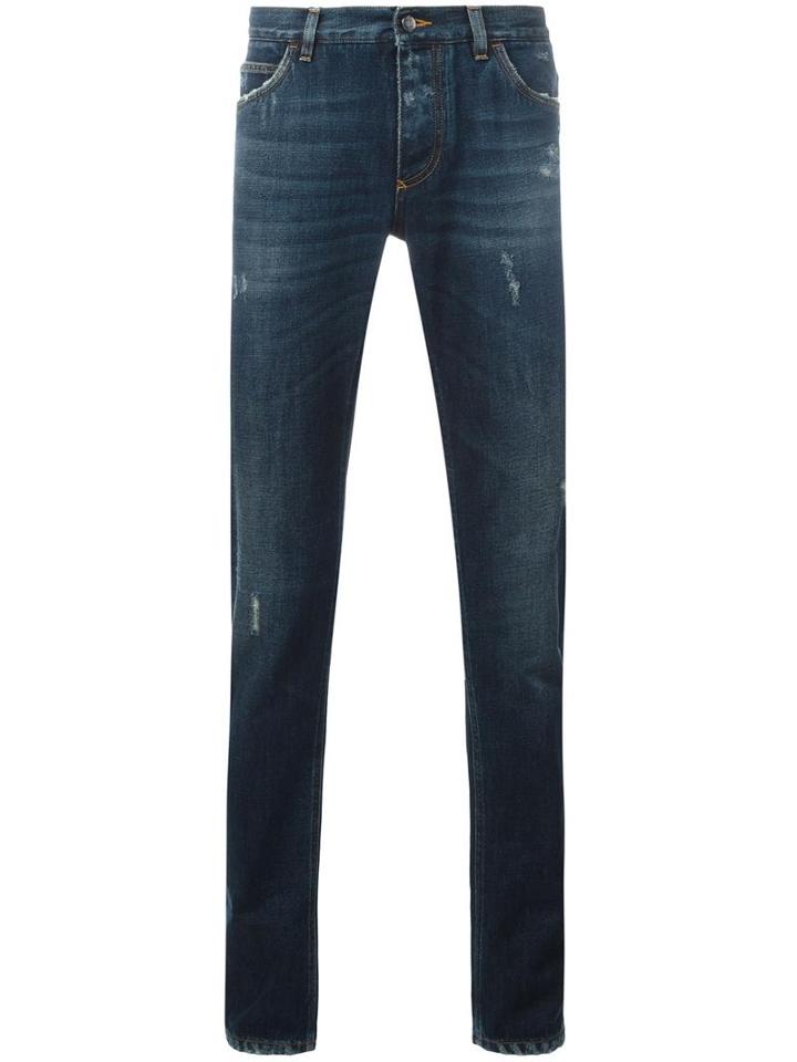 Dolce & Gabbana Ripped Detail Jeans, Men's, Size: 44, Blue, Cotton/calf Leather/zamac