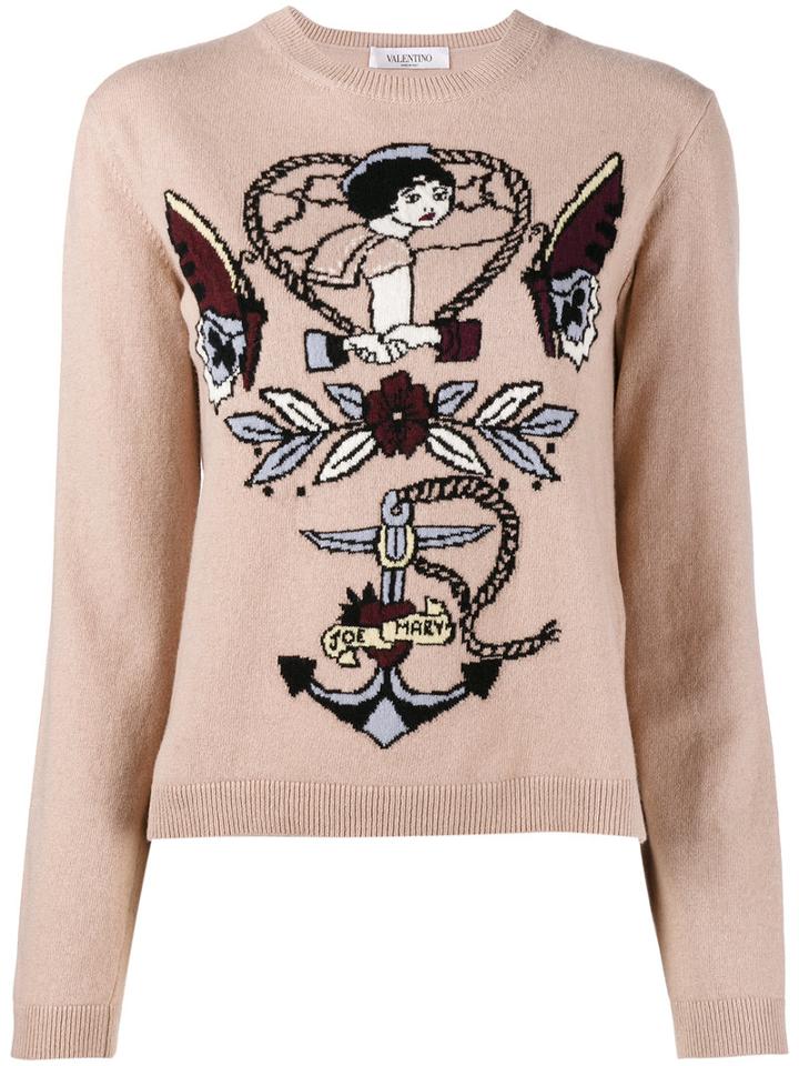 Valentino - Tattoo Intarsia Jumper - Women - Cashmere/virgin Wool - M, Pink/purple, Cashmere/virgin Wool