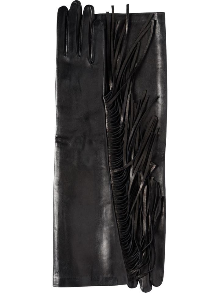 Prada Fringed Leather Gloves - Black