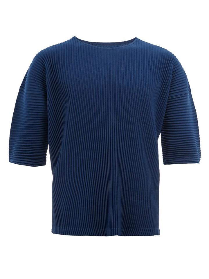 Homme Plissé Issey Miyake Pleated Cropped T-shirt, Men's, Size: 3, Blue, Polyester