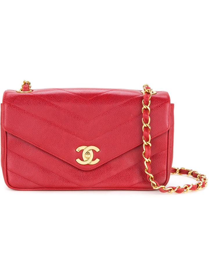 Chanel Vintage V-stitch Quilted Shoulder Bag - Red