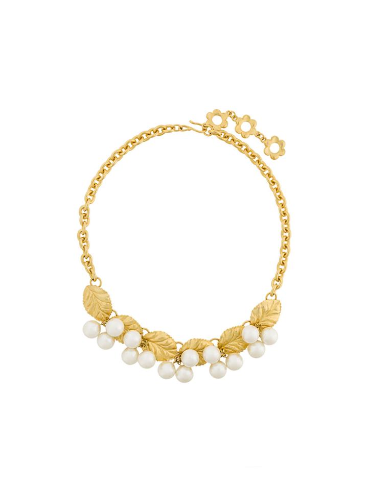 Kenzo Vintage Leaf And Pearl Chain Necklace - Metallic
