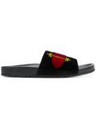 Prada Buckle Embroidered Slides - Black