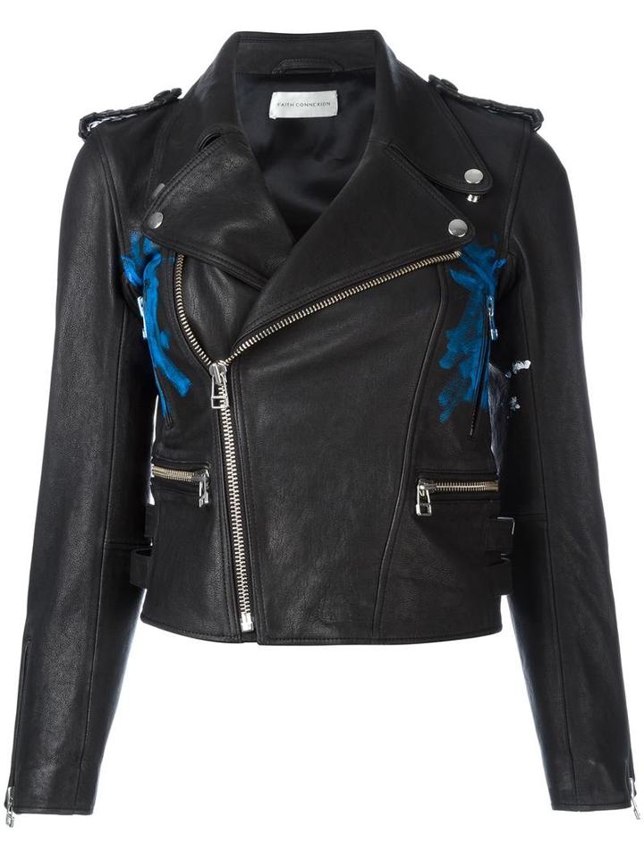 Faith Connexion Flag Print Biker Jacket, Women's, Size: 38, Black, Calf Leather/acetate