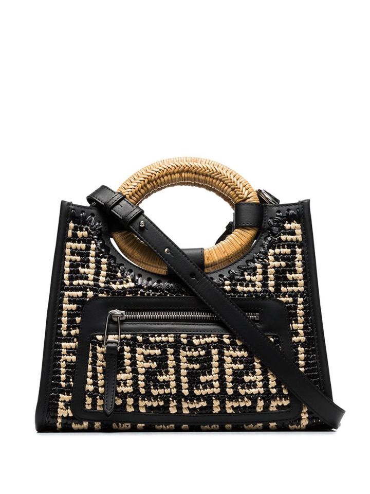 Fendi Black And Nude Runaway Small Raffia Tote Bag