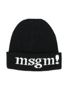 Msgm Kids Logo Printed Beanie Hat - Black