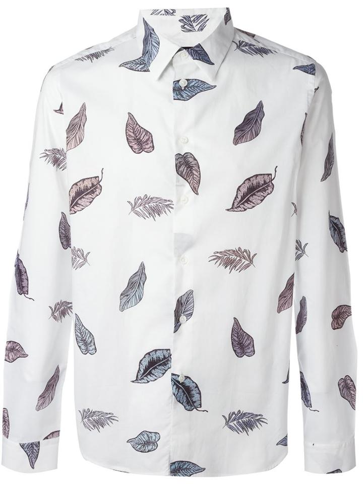 Ps Paul Smith Leaves Print Shirt, Men's, Size: L, White, Cotton