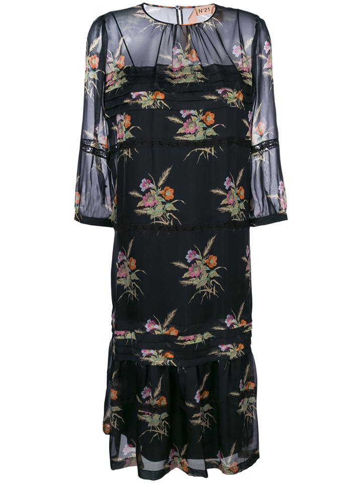 No21 Sheer Top Floral Dress - Black