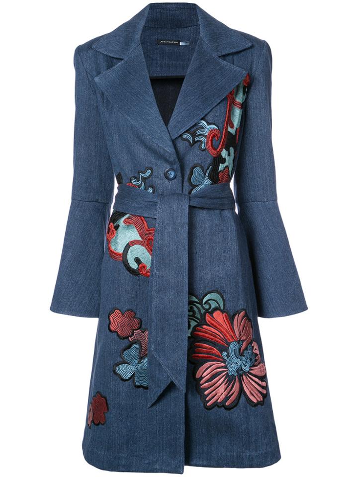 Natori Embroidered Denim Trench Coat - Blue