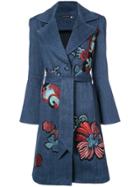 Natori Embroidered Denim Trench Coat - Blue