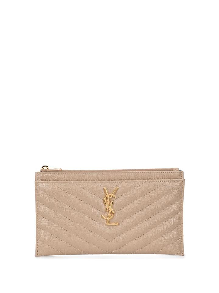 Saint Laurent Monogrammed Matelassé Calf Leather Clutch - Grey
