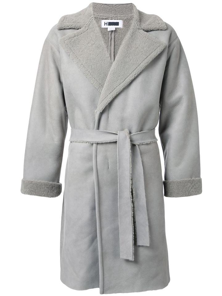 H Beauty & Youth Belted Single Breasted Coat, Men's, Size: Large, Grey, Sheep Skin/shearling