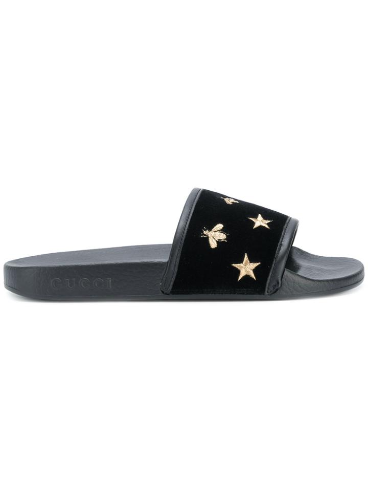 Gucci Embroidered Slide Sandals - Black