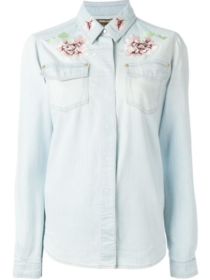 Roberto Cavalli Floral Embroidered Denim Shirt, Women's, Size: 42, Blue, Cotton