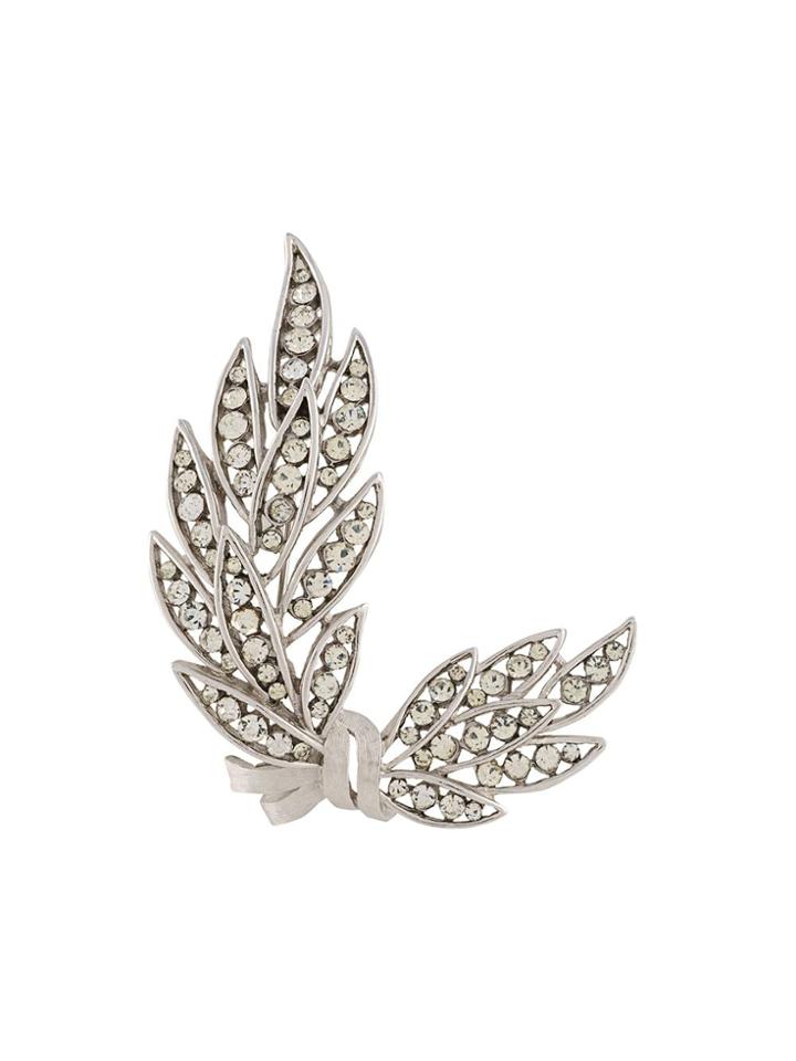 Trifari Vintage 1960s Embellished Leaf Brooch - Silver