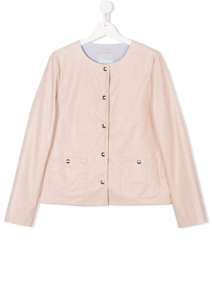 Herno Kids Teen Faux Leather Collarless Jacket - Pink & Purple