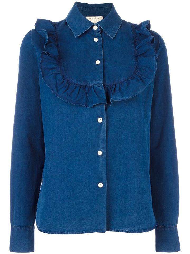 Maison Kitsuné Ruffle Front Denim Shirt, Women's, Size: 36, Blue, Cotton