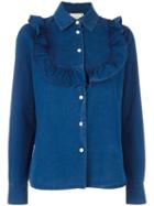 Maison Kitsuné Ruffle Front Denim Shirt, Women's, Size: 36, Blue, Cotton