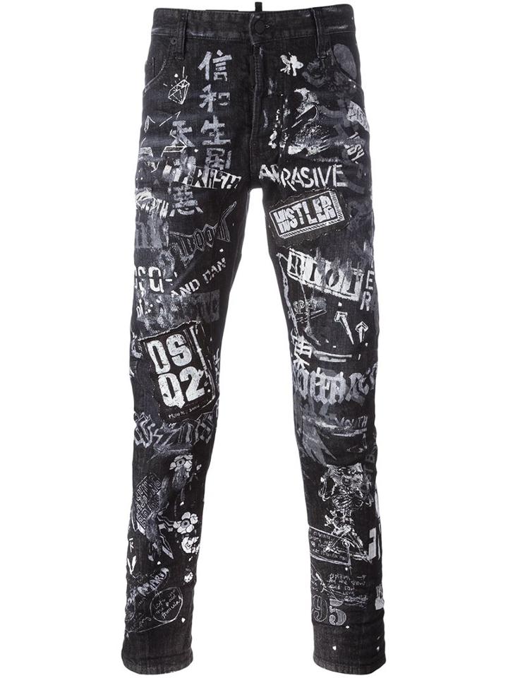 Dsquared2 Graffiti Slim-fit Jeans, Men's, Size: 50, Black, Cotton/calf Leather/spandex/elastane