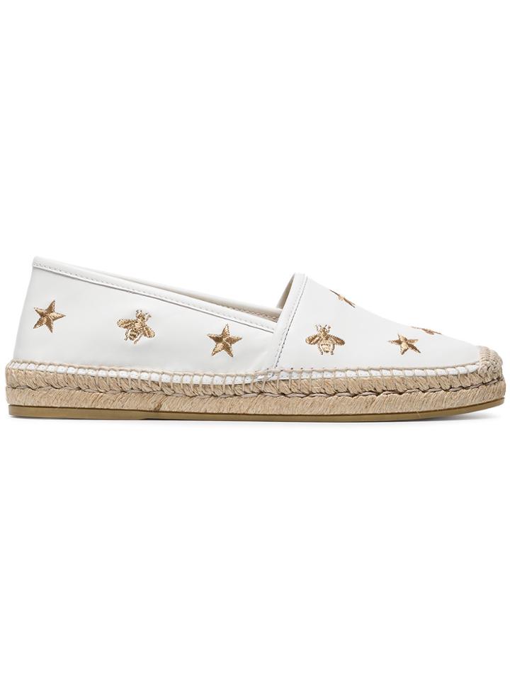 Gucci White Pilar Bee Embroidery Leather Espadrilles