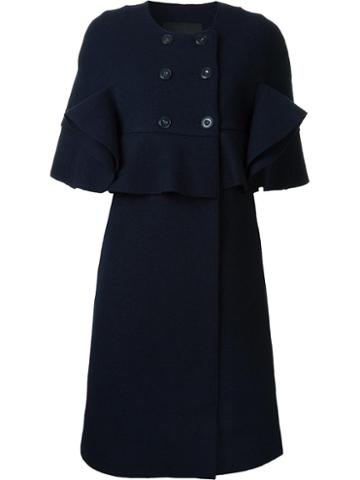 Goen.j Ruffled Panel Double-breasted Coat, Women's, Size: Medium, Blue, Bemberg/wool