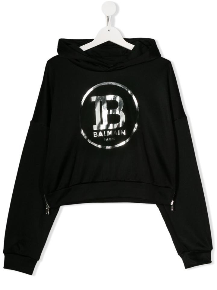Balmain Kids Teen Metallic Logo Cropped Hoodie - Black