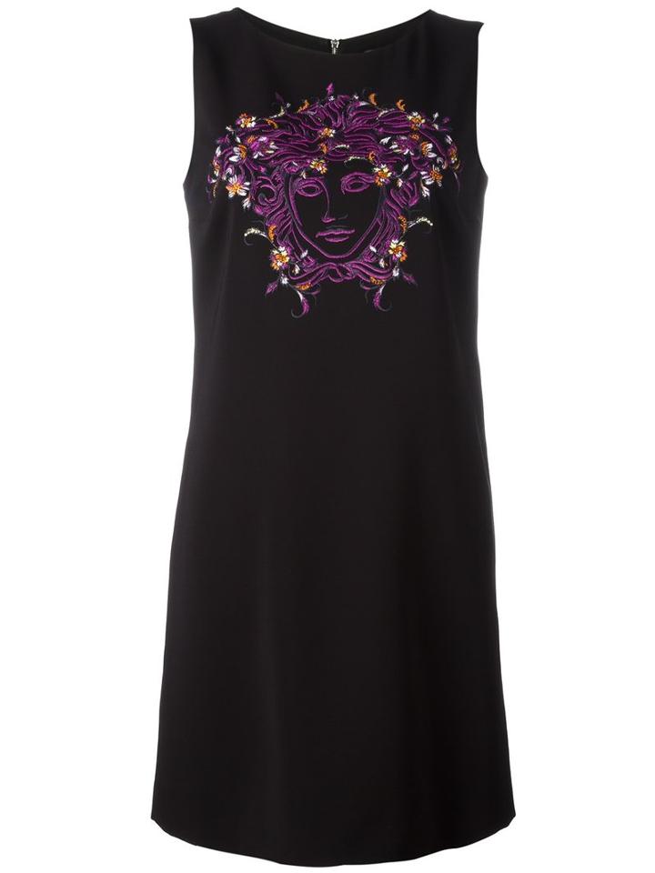 Versace Embroidered Medusa Shift Dress, Women's, Size: 46, Black, Spandex/elastane/viscose/acetate/silk
