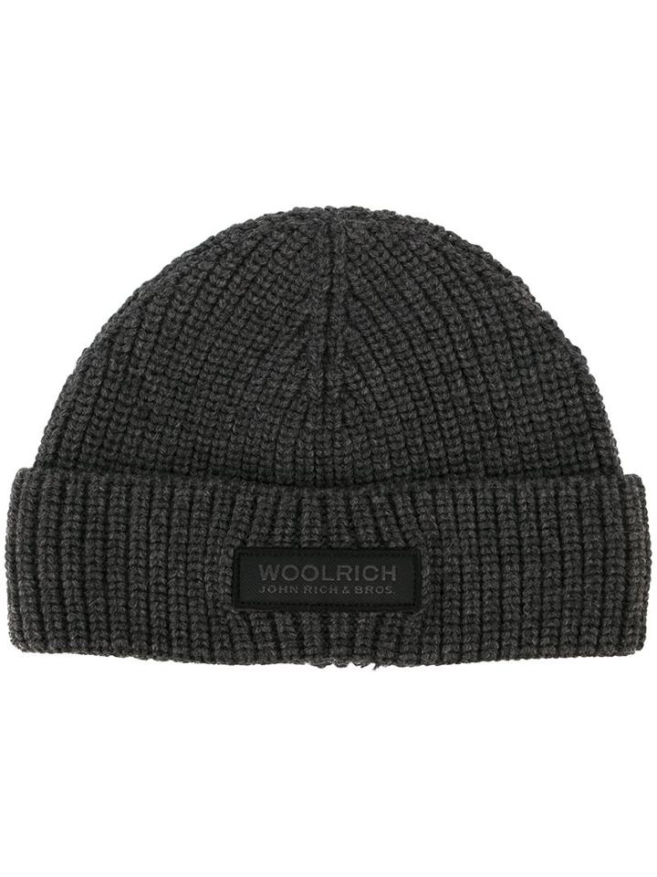 Woolrich Knitted Logo Beanie, Men's, Size: Large, Grey, Virgin Wool