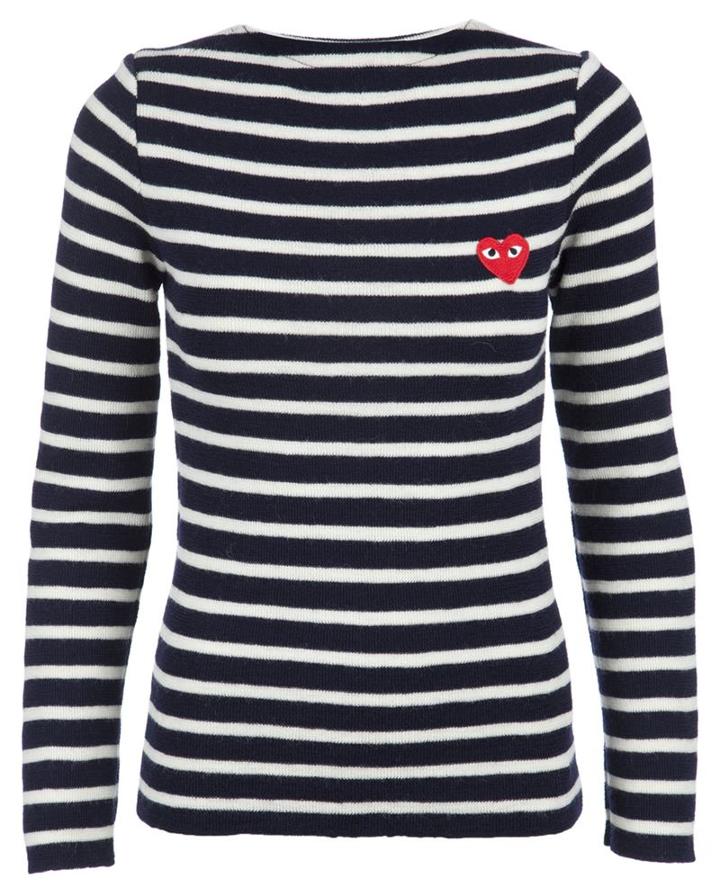 Comme Des Garçons Play Embroidered Heart Striped Jumper, Women's, Size: Medium, Blue, Wool
