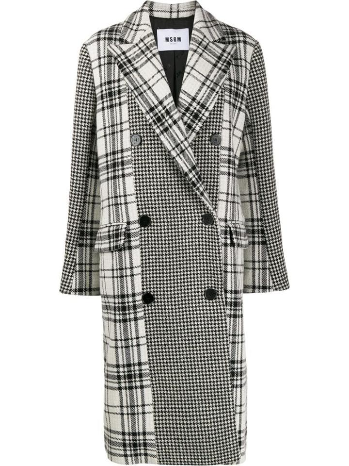 Msgm Check And Houndstooth Peacoat - Black