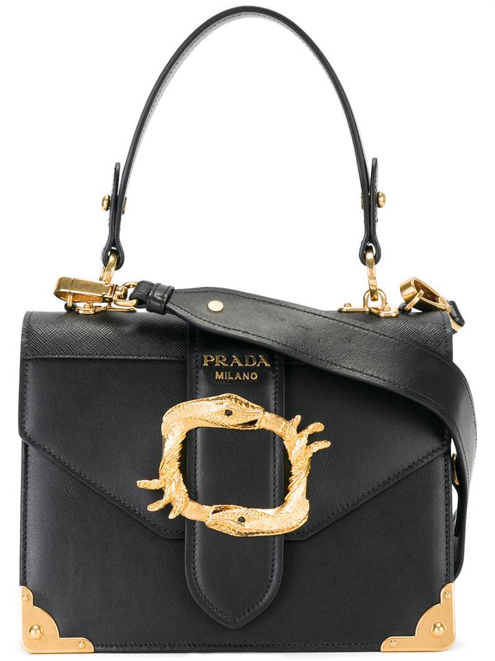 Prada Logo Plaque Shoulder Bag, Women's, Black, Calf Leather