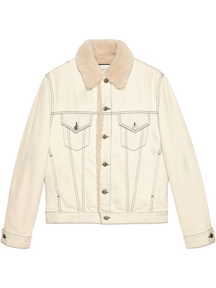 Gucci Shearling Lined Denim Jacket With Sketch Snake Print - Nude &