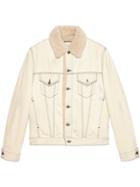 Gucci Shearling Lined Denim Jacket With Sketch Snake Print - Nude &